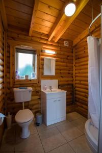 a bathroom with a toilet and a sink in a log cabin at Partridge Lodge in Selby