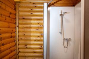 a shower in a bathroom with a wooden wall at Partridge Lodge in Selby