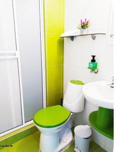 a bathroom with a green toilet and a sink at APT en EDF Frente a la playa y cercano centro Histórico 1-2 in Cartagena de Indias