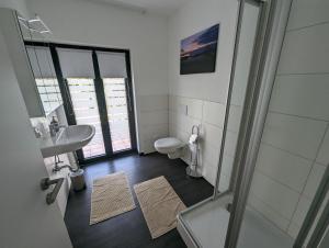 a bathroom with a shower and a sink and a toilet at Benediktusquelle 1-10 Gäste in Ortenberg