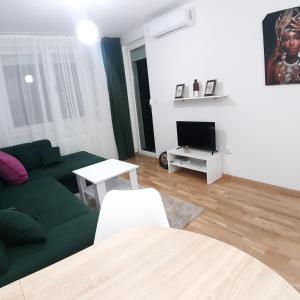 ein Wohnzimmer mit einem grünen Sofa und einem TV in der Unterkunft Apartman City BL in Banja Luka