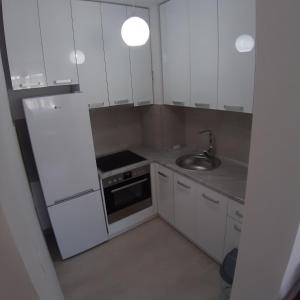 eine kleine Küche mit weißen Schränken und einem Waschbecken in der Unterkunft Apartman City BL in Banja Luka