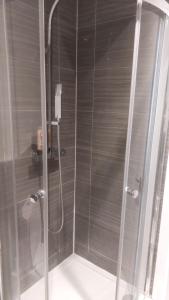 een douche met een glazen deur in de badkamer bij Spacious Studio Maidstone - Redecorated Oct 2023 in Maidstone