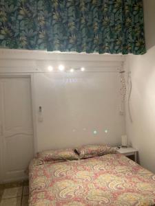 een kleine slaapkamer met een bed met een gordijn bij La Coccinelle in Nîmes