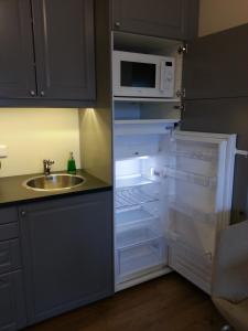 a kitchen with an open refrigerator with a microwave at Díma Studio Apartments in Höfn