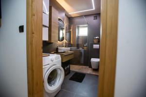 uma casa de banho com uma máquina de lavar roupa e um lavatório em Apartman Matea em Slavonski Brod