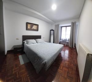 um quarto com uma cama e piso em madeira em CASA DORMILATERIA - Habitación em Pamplona