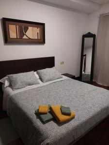 um quarto com uma cama com duas toalhas e um espelho em CASA DORMILATERIA - Habitación em Pamplona