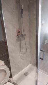 a shower with a glass door next to a toilet at Modern Studio Maidstone - Redecorated Oct 2023 in Maidstone