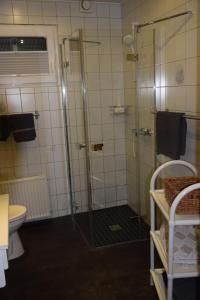 a shower with a glass door in a bathroom at Ferienwohnung Fackiner in Grüsen