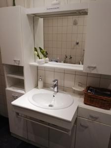 a bathroom with a sink and a mirror at Ferienwohnung Fackiner in Grüsen