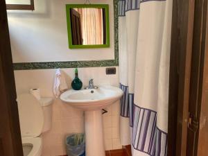 y baño con lavabo, aseo y espejo. en THE VIEW HOUSE- Antigua Guatemala Toda La Casa, en Antigua Guatemala