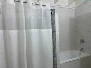 uma casa de banho com uma cortina de chuveiro e uma banheira em MBS Travel Holistic Guest House em Mammee Bay