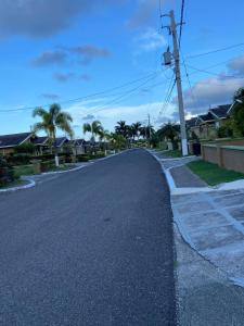 una calle vacía con casas y palmeras en MBS Travel Holistic Guest House en Mammee Bay