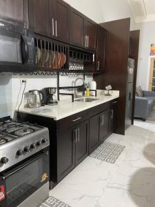 uma cozinha com armários pretos, um lavatório e um fogão em MBS Travel Holistic Guest House em Mammee Bay