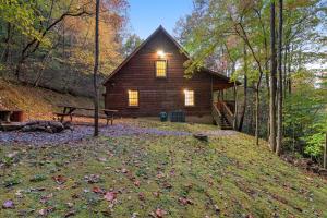 a log cabin in the woods with leaves on the ground at Eagle's Nest in Little Cove