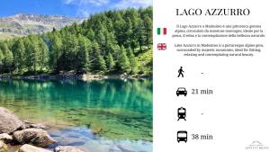 Capture d'écran d'un site web avec une photo d'un lac dans l'établissement Appartamento Fondo Valle a 1 minuto dalle piste, à Madesimo