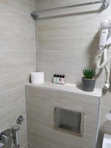 a bathroom with a shower with a shelf in it at Prenoćište SRBIJA in Surdulica