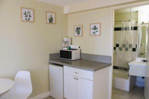 a bathroom with a counter with a microwave and a sink at Hawaiian Monarch 1915 condo in Honolulu