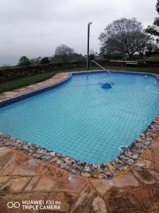a large swimming pool with blue water in a yard at Crest Farm Cottage in Waterfall