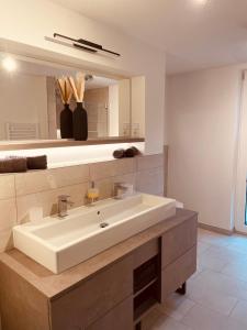 a bathroom with a white sink and a mirror at FourElements Grand Chalet in Blankenburg