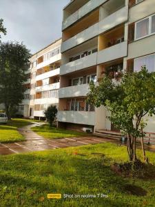 un gran edificio de apartamentos con un árbol delante en Jauks dzīvoklis Ogres centrā, en Ogre