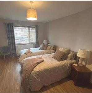 a bedroom with two beds and a lamp and a window at Ty Gwyn in Prestatyn