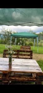 una mesa de picnic con una tienda verde en un campo en Holiday Inn Tianeti, en Tiflis