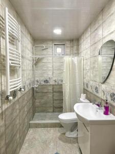 y baño con ducha, aseo y lavamanos. en Holiday Inn Tianeti, en Tiflis