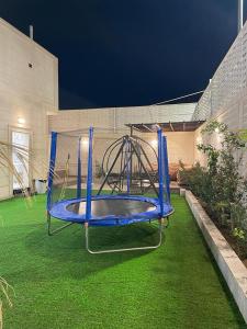 un parco giochi blu sul prato in un cortile di شاليهات وجدان الهدا ad Al Hada
