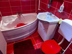 ein rot gefliestes Bad mit einer Badewanne und einem Waschbecken in der Unterkunft Cășu Home in Lupeni