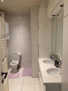 ein Bad mit einem WC, 2 Waschbecken und einem Spiegel in der Unterkunft Bnb Antwerp SportPlaza in Antwerpen