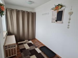 a living room with a gray curtain and a rug at Ferienwohnung im alten Milchwerk in Görisried