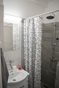 een badkamer met een douchegordijn en een wastafel bij Meli apartman in Smederevo
