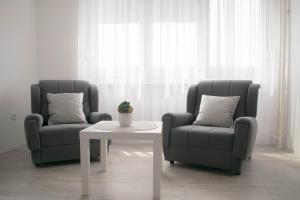 2 sillas y mesa de centro en la sala de estar en Meli apartman, en Smederevo