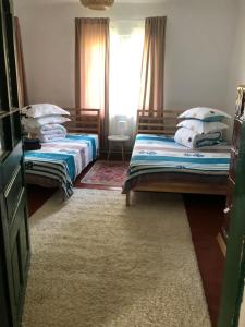 2 Einzelbetten in einem Zimmer mit Fenster in der Unterkunft Pridvorul lui Viorel in Proviţa de Sus