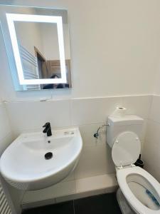 W łazience znajduje się umywalka, toaleta i lustro. w obiekcie 2 schlafenzimmer Waschmaschine Eller w mieście Düsseldorf