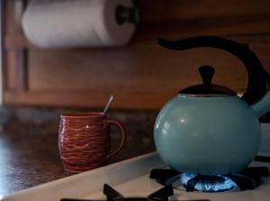 a tea pot sitting on top of a stove at Big Blue Lake Cottages, LLC - Cottage #4 in Holton