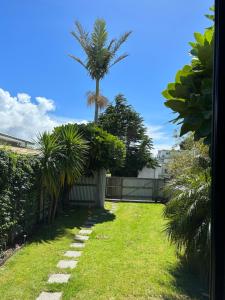 a yard with a fence and a palm tree at Evolve Bach in Whitianga