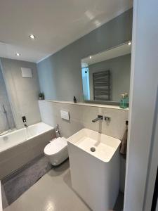 a bathroom with a sink and a toilet and a tub at City Living Apartment München in Munich