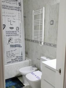 a bathroom with a white toilet and a shower at Apartamento La Doncella in Alcalá de Henares