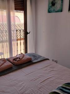 Bett in einem Zimmer mit Fenster und Handtüchern in der Unterkunft Apartamento La Doncella in Alcalá de Henares
