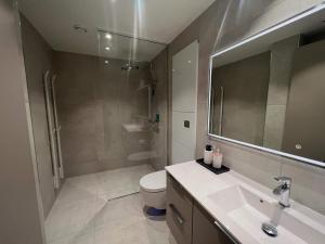 bagno con lavandino, servizi igienici e specchio di Luxury penthouse apt with amazing views a Svolvær