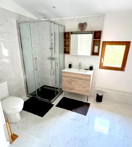 uma casa de banho com um chuveiro, um lavatório e um WC. em La Maison des Crêtes 