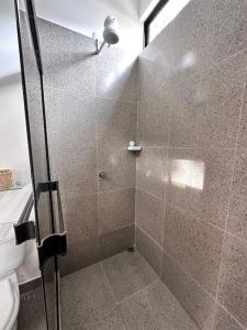 eine Dusche mit Glastür im Bad in der Unterkunft Loft GuanaFree 2 in Huacas