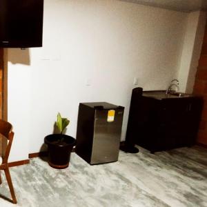 sala de estar con fregadero y nevera en GREEN APARTMEN "El Jardín" en Girón