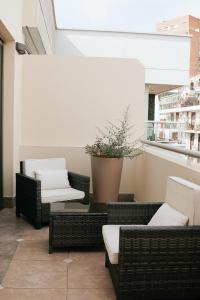 a patio with wicker chairs and a potted plant at Blank Hotel Recoleta in Buenos Aires