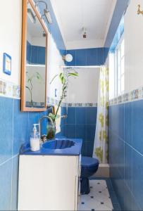 uma casa de banho azul com um WC e um lavatório em 1940s B&B Mi casa, tu casa Roma Norte em Cidade do México