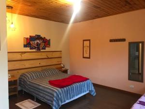 Un dormitorio con una cama con una manta roja. en Chalés Toca dos Esquilos, en Campos do Jordão