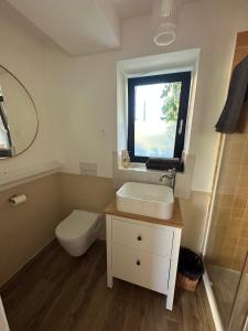 uma casa de banho com um lavatório, um WC e uma janela. em Gite de groupe confortable et lumineux - La ferme de Montigny em Neauphe-sur-Dives
